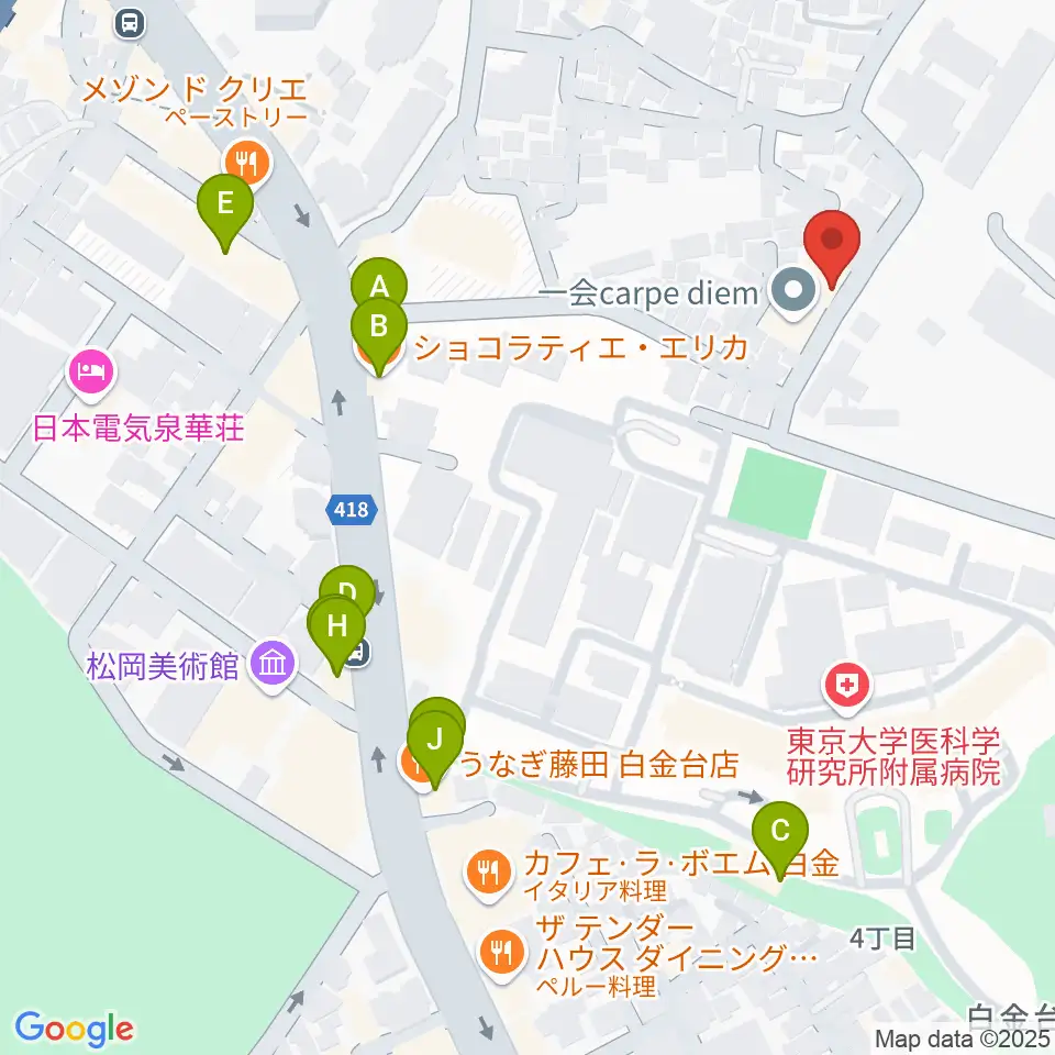白金ドレミピアノ教室周辺のファミレス・ファーストフード一覧地図