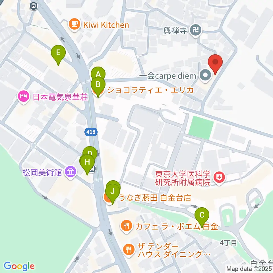 白金ドレミピアノ教室周辺のファミレス・ファーストフード一覧地図