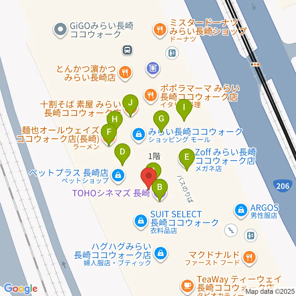 長崎ココウォークセンター ヤマハミュージック周辺のファミレス・ファーストフード一覧地図