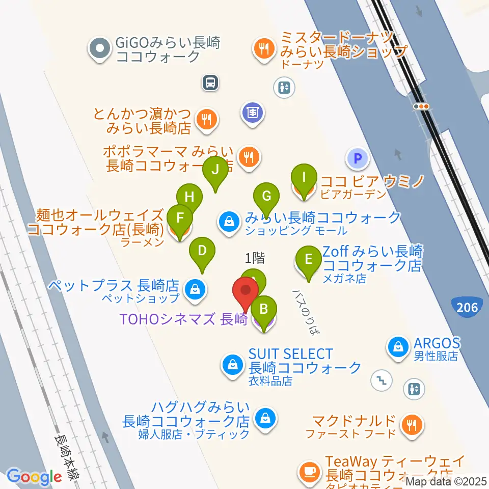 長崎ココウォークセンター ヤマハミュージック周辺のファミレス・ファーストフード一覧地図