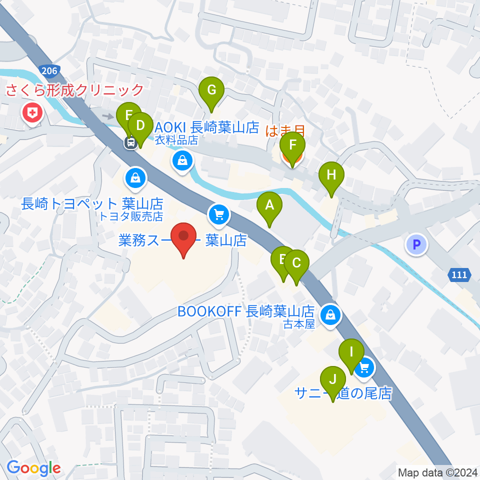 長崎北センター ヤマハミュージック周辺のファミレス・ファーストフード一覧地図