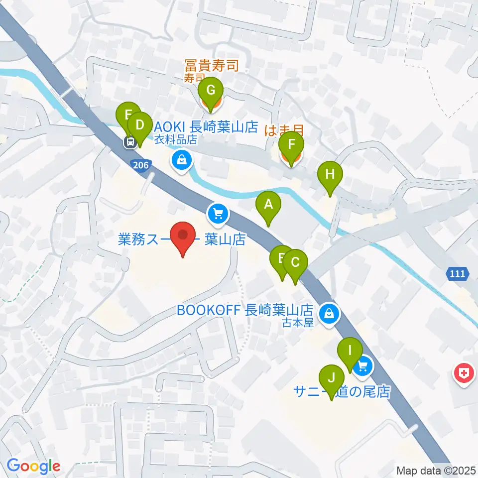 長崎北センター ヤマハミュージック周辺のファミレス・ファーストフード一覧地図