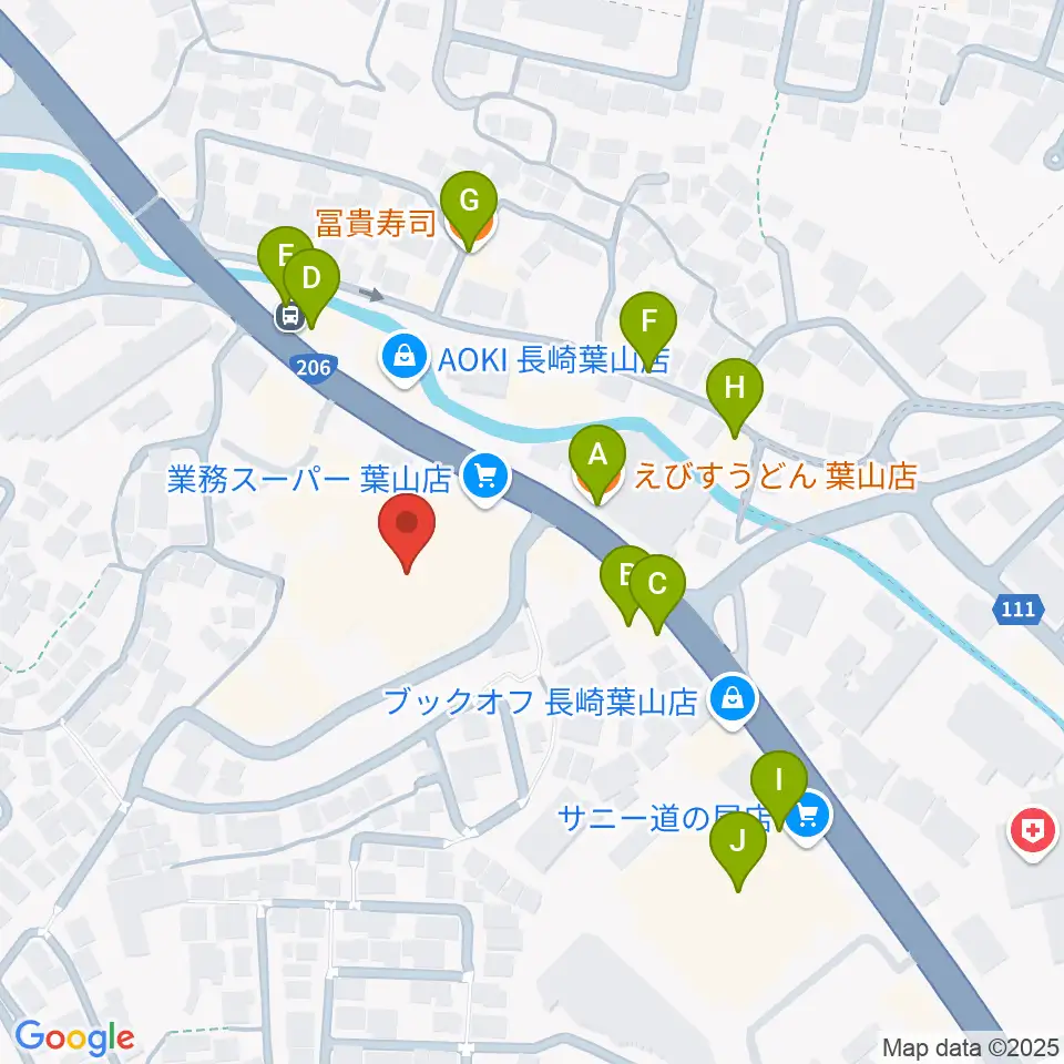 長崎北センター ヤマハミュージック周辺のファミレス・ファーストフード一覧地図