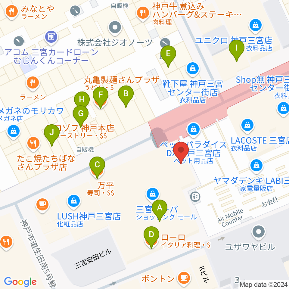 島村楽器 三宮オーパ店周辺のファミレス・ファーストフード一覧地図