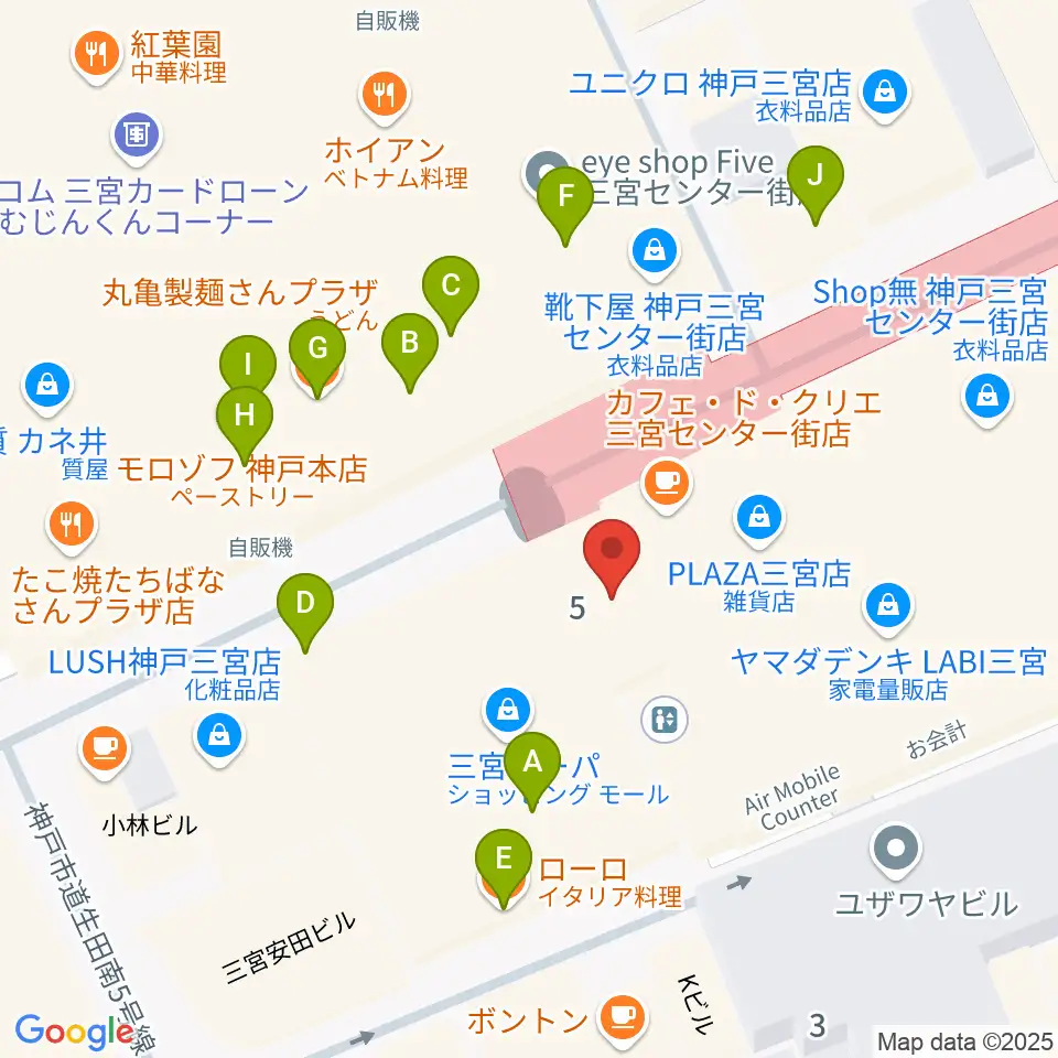 島村楽器 三宮オーパ店周辺のファミレス・ファーストフード一覧地図