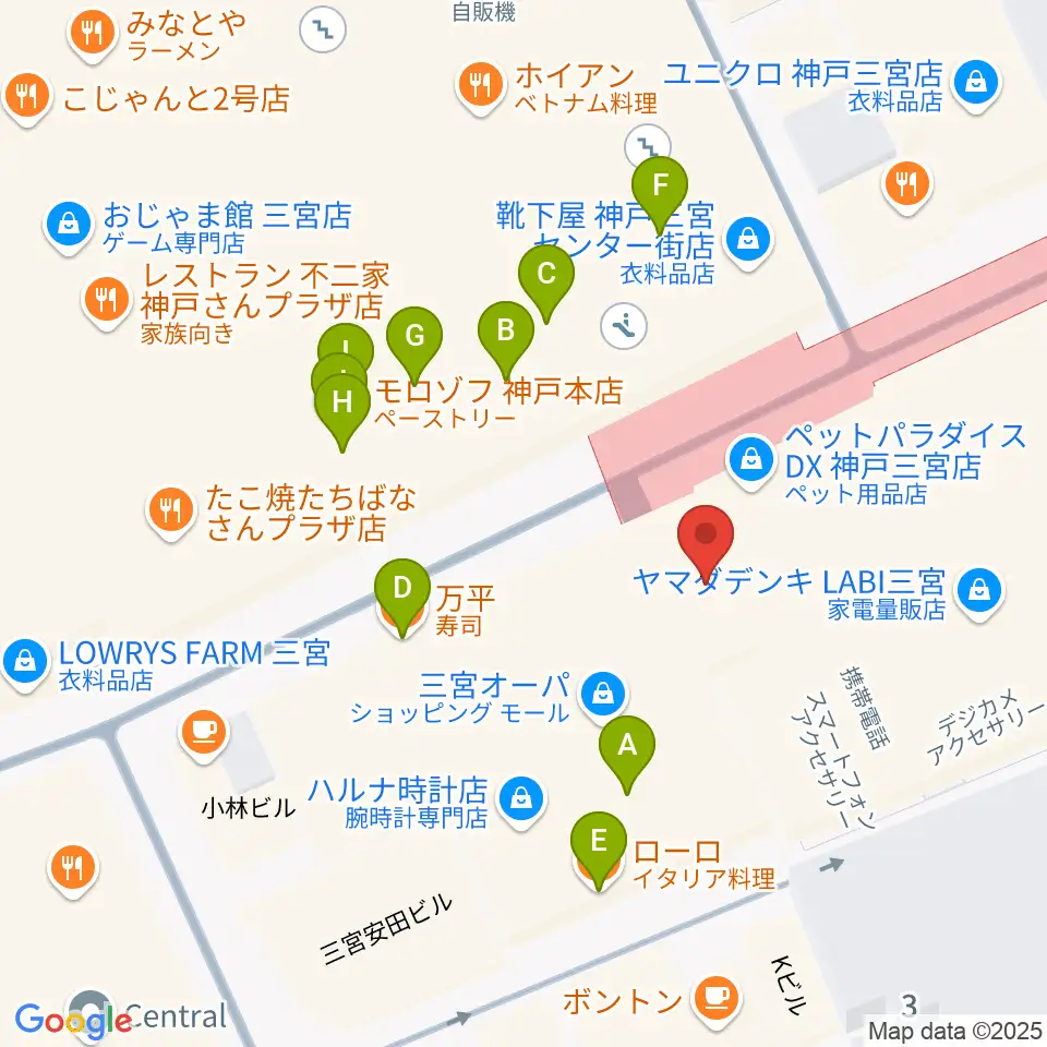 島村楽器 三宮オーパ店周辺のファミレス・ファーストフード一覧地図