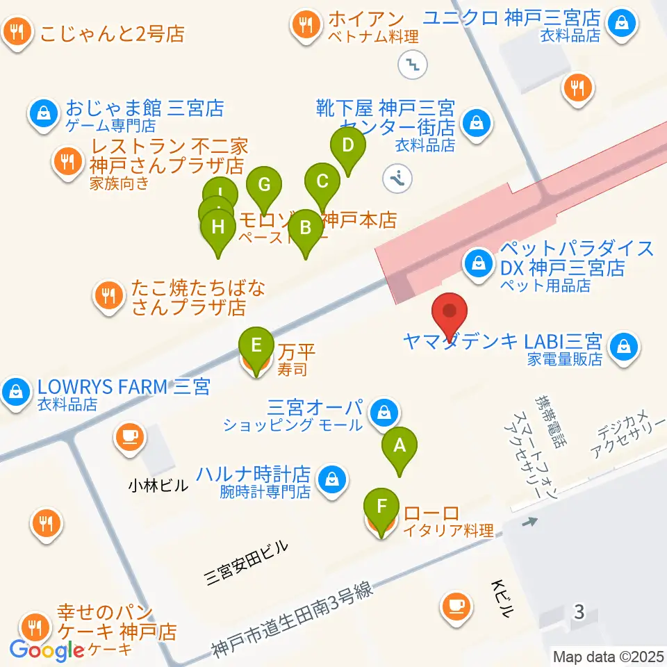 島村楽器 三宮オーパ店周辺のファミレス・ファーストフード一覧地図