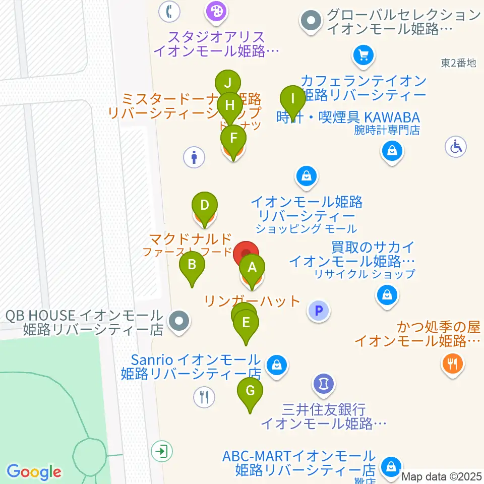 島村楽器 イオンモール姫路リバーシティー店周辺のファミレス・ファーストフード一覧地図