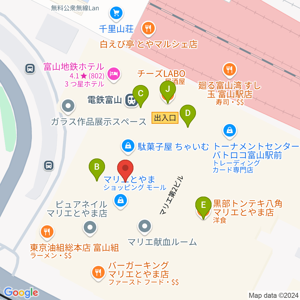 富山県民小劇場オルビス周辺のファミレス・ファーストフード一覧地図