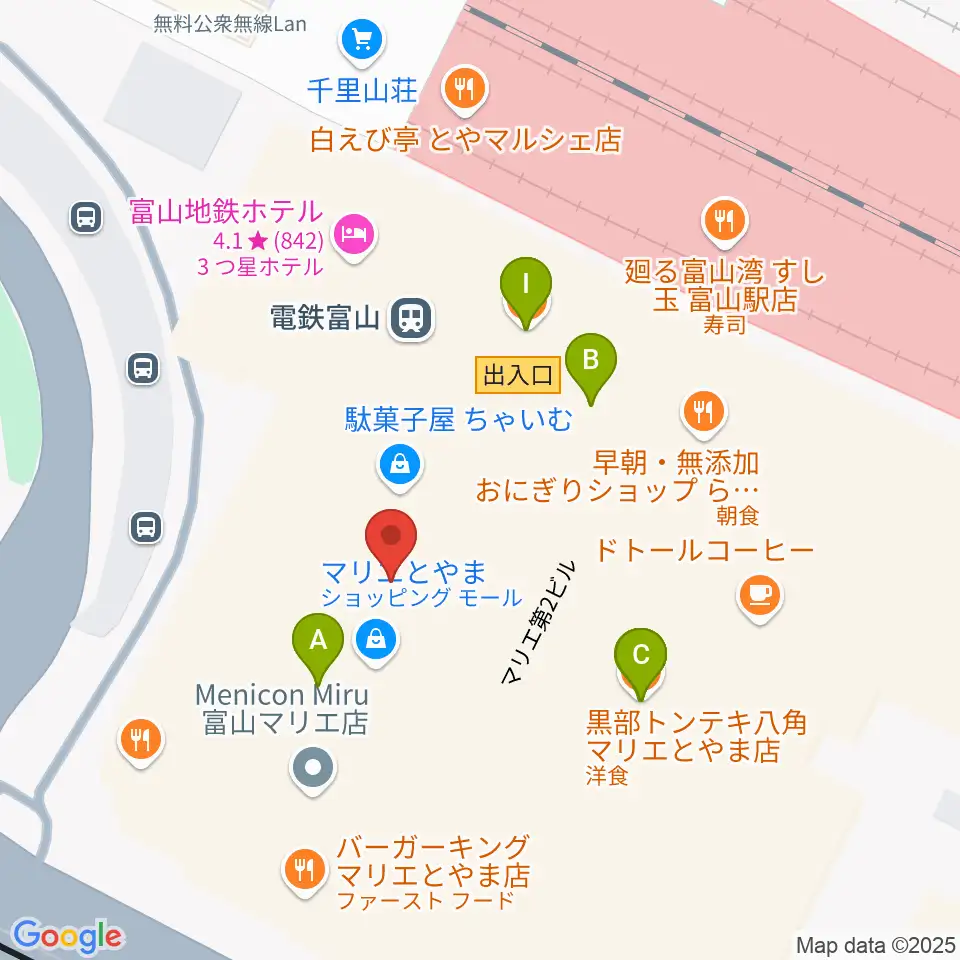 富山県民小劇場オルビス周辺のファミレス・ファーストフード一覧地図