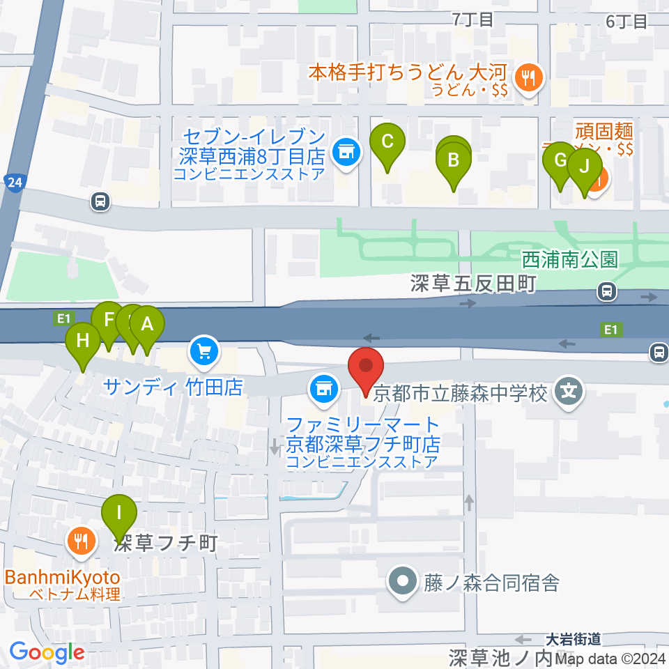 イースト・ビレッジ・ギターズ周辺のファミレス・ファーストフード一覧地図