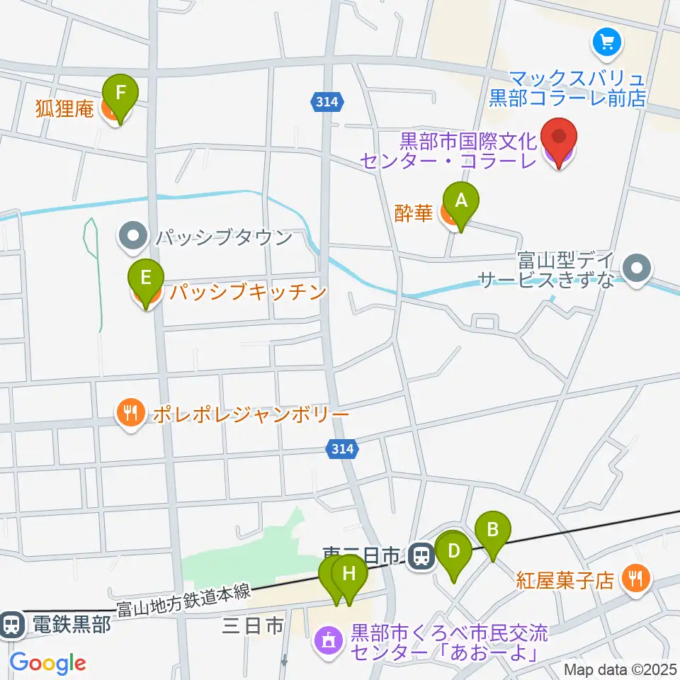 黒部市国際文化センター コラーレ周辺のファミレス・ファーストフード一覧地図