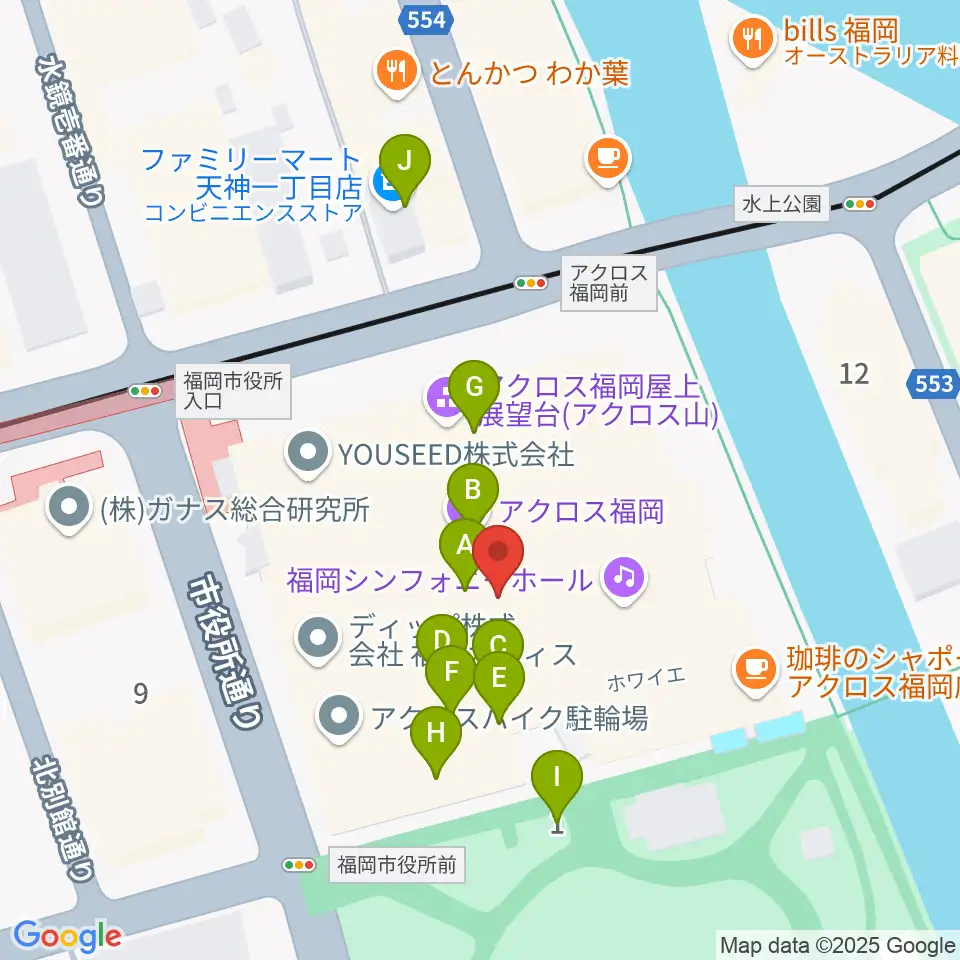 ヤマハミュージック 福岡店周辺のファミレス・ファーストフード一覧地図