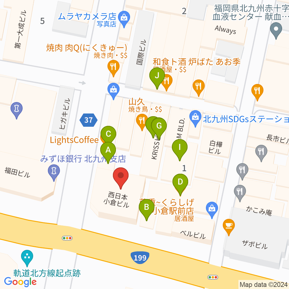 ミュージックストアナガト小倉店周辺のファミレス・ファーストフード一覧地図