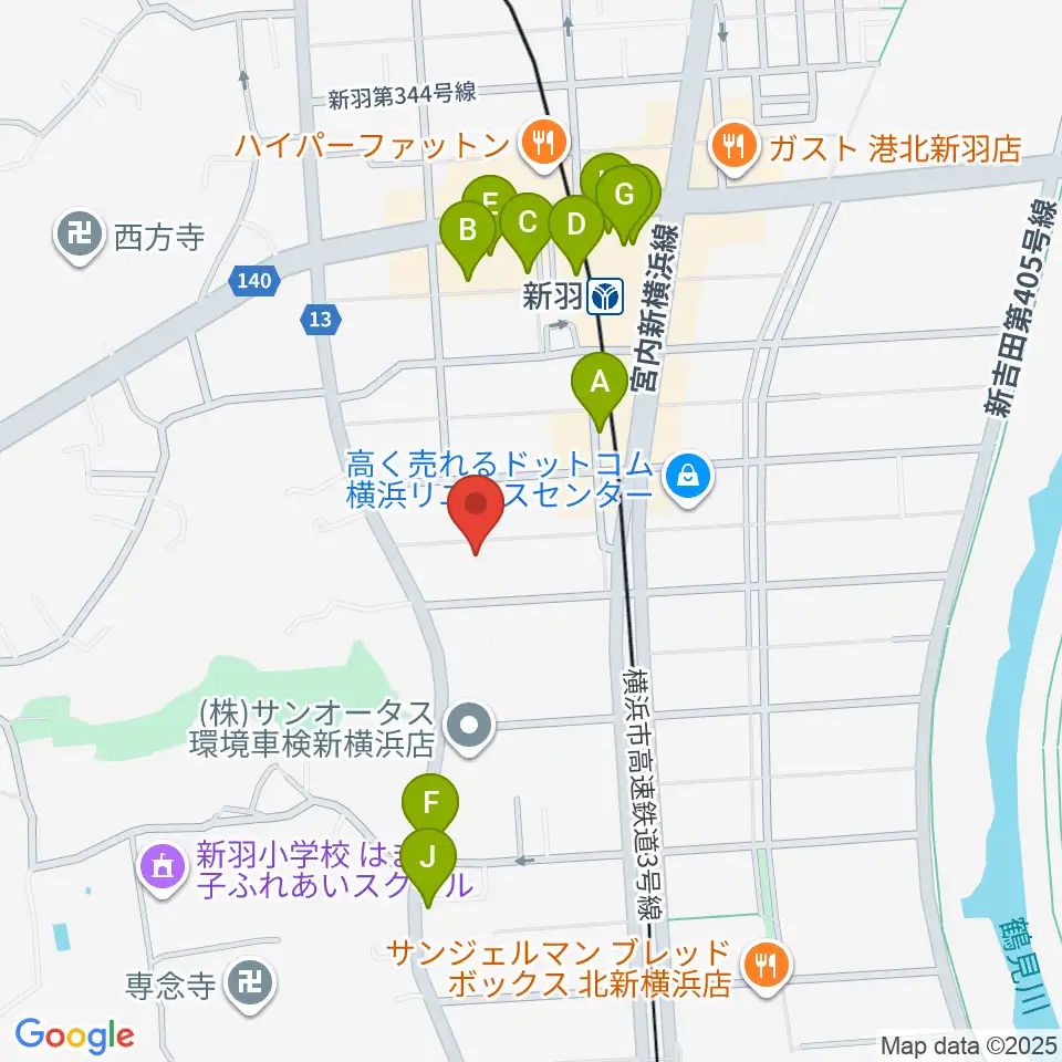 ヤマハピアノサービス横浜センター周辺のファミレス・ファーストフード一覧地図