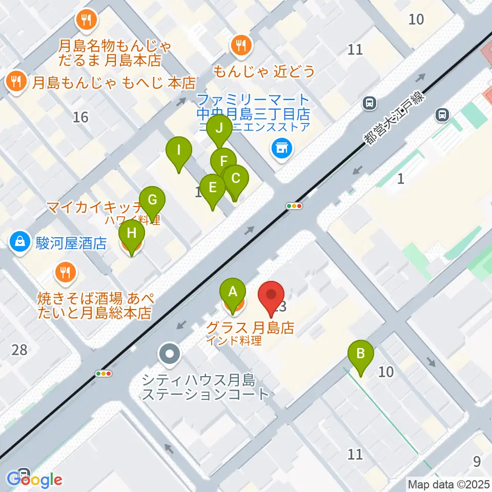 月島リトミックダンススタジオG&S周辺のファミレス・ファーストフード一覧地図