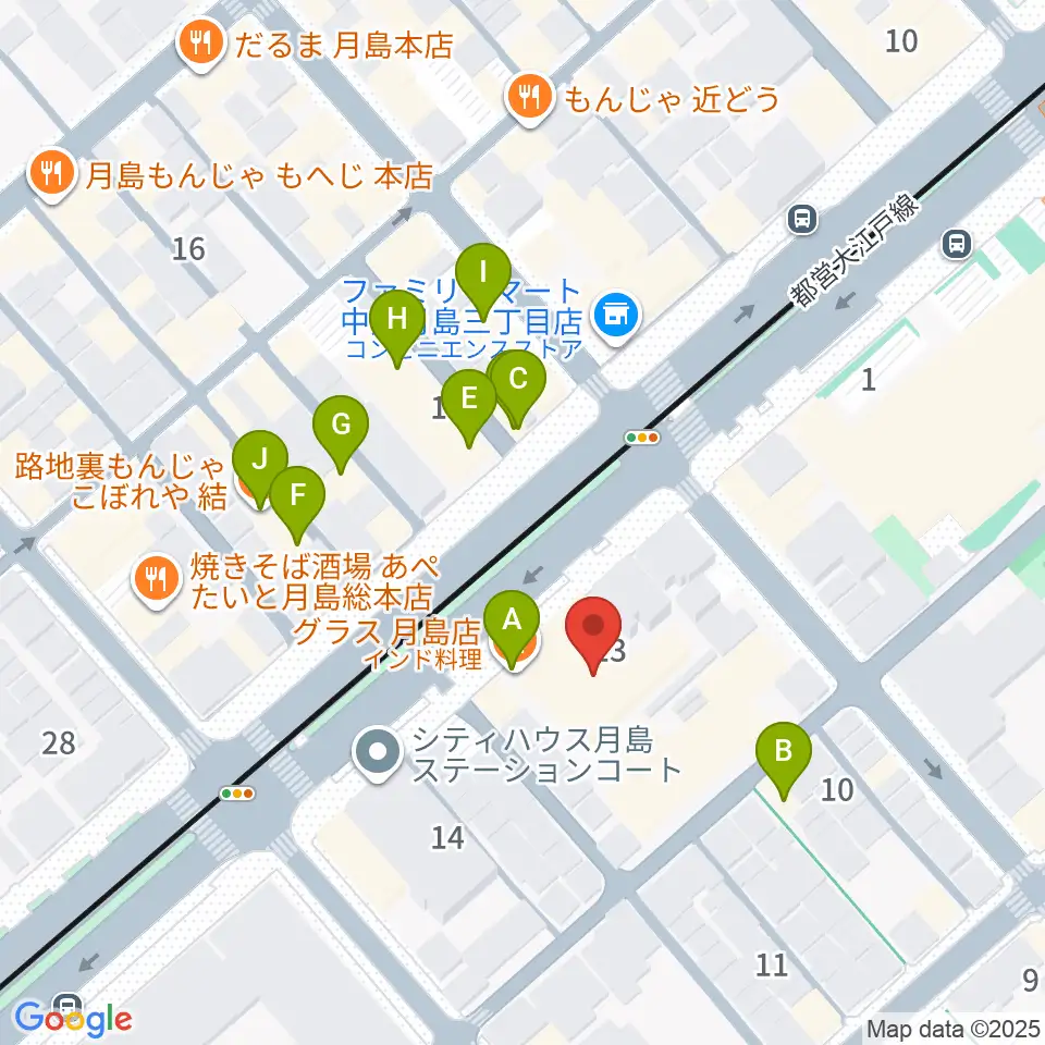 月島リトミックダンススタジオG&S周辺のファミレス・ファーストフード一覧地図