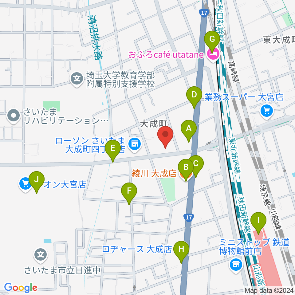 リトミックランドさいたま教室周辺のファミレス・ファーストフード一覧地図