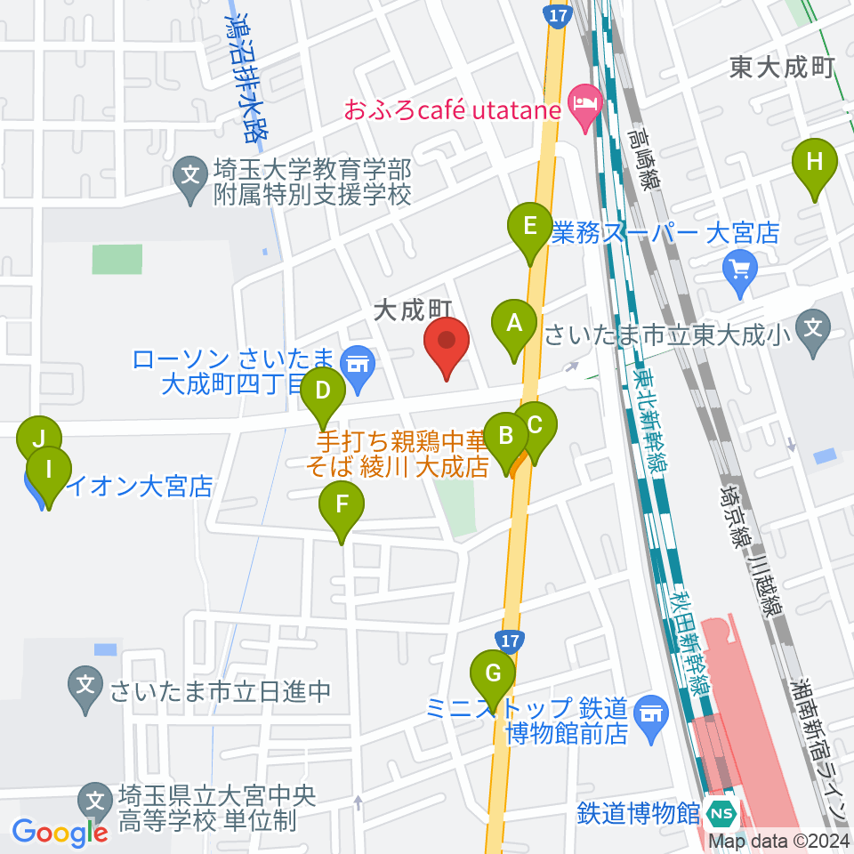 ユニオン楽器ピアノパワーセンターさいたま店周辺のファミレス・ファーストフード一覧地図