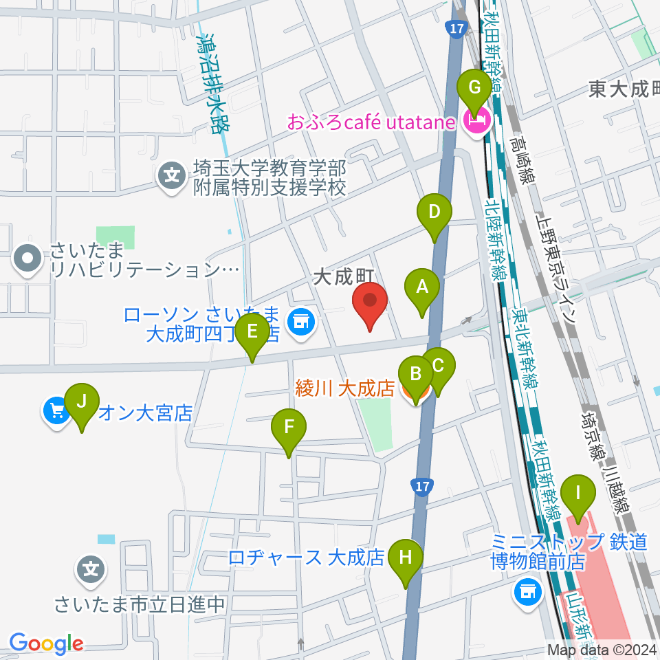 ユニオン楽器ピアノパワーセンターさいたま店周辺のファミレス・ファーストフード一覧地図