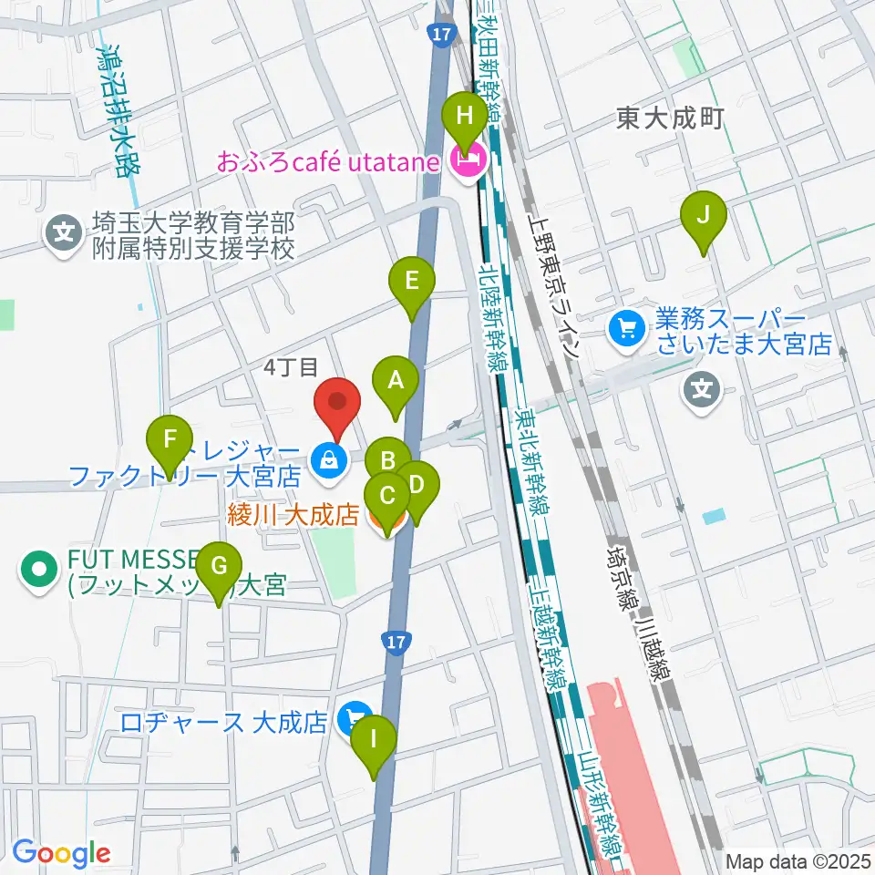ユニオン楽器ピアノパワーセンターさいたま店周辺のファミレス・ファーストフード一覧地図