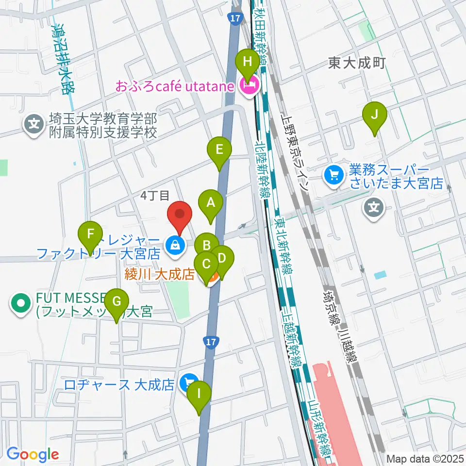ユニオン楽器ピアノパワーセンターさいたま店周辺のファミレス・ファーストフード一覧地図