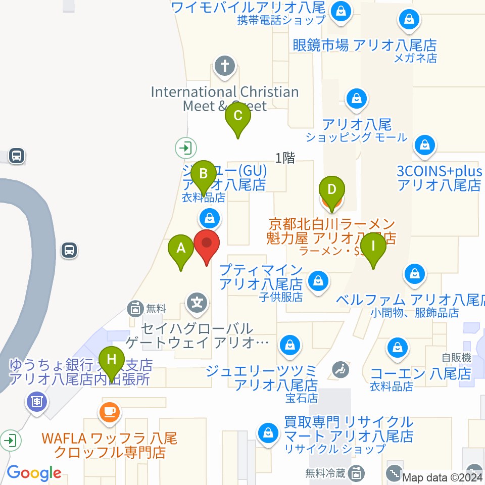 小阪楽器店 アリオ八尾店周辺のファミレス・ファーストフード一覧地図