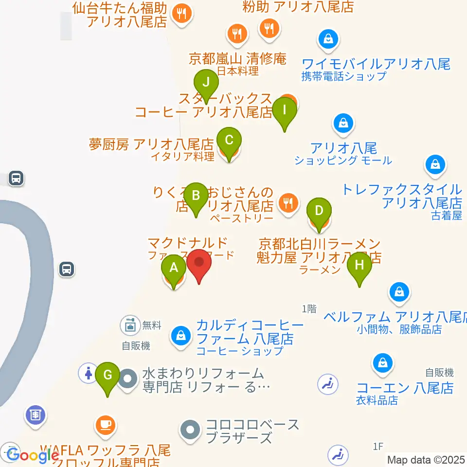 小阪楽器店 アリオ八尾店周辺のファミレス・ファーストフード一覧地図