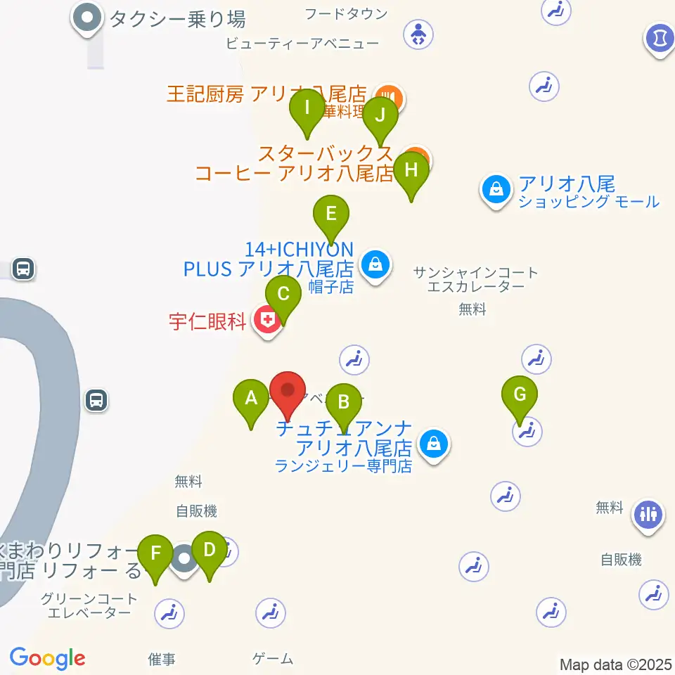 小阪楽器店 アリオ八尾店周辺のファミレス・ファーストフード一覧地図