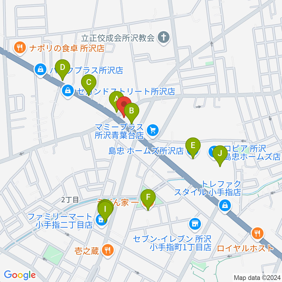 ピアノパワーセンター所沢店周辺のファミレス・ファーストフード一覧地図