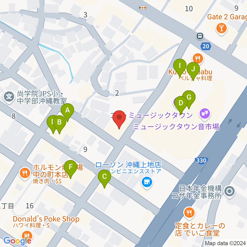 OTORAKU コザ劇場周辺のファミレス・ファーストフード一覧地図