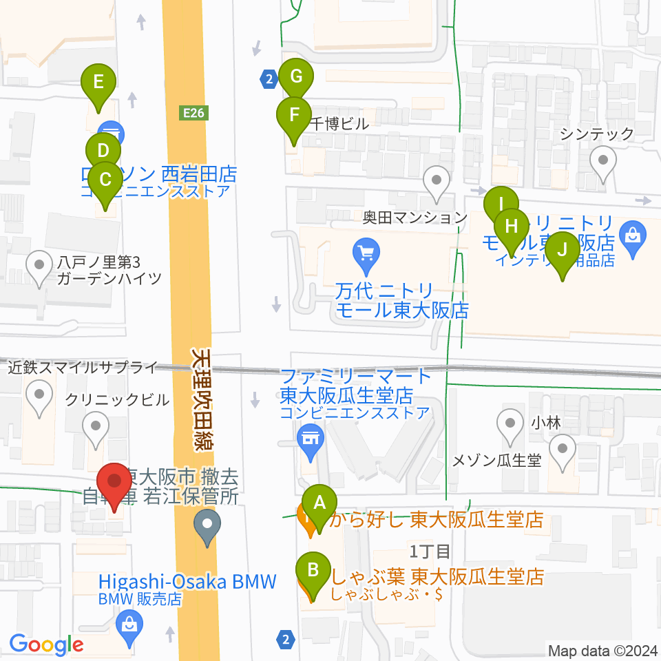 小阪楽器店 八戸ノ里店周辺のファミレス・ファーストフード一覧地図