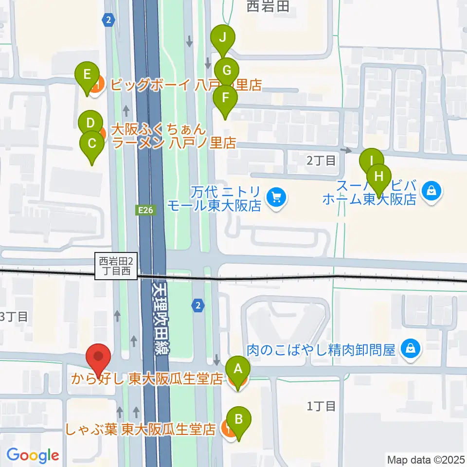 小阪楽器店 八戸ノ里店周辺のファミレス・ファーストフード一覧地図