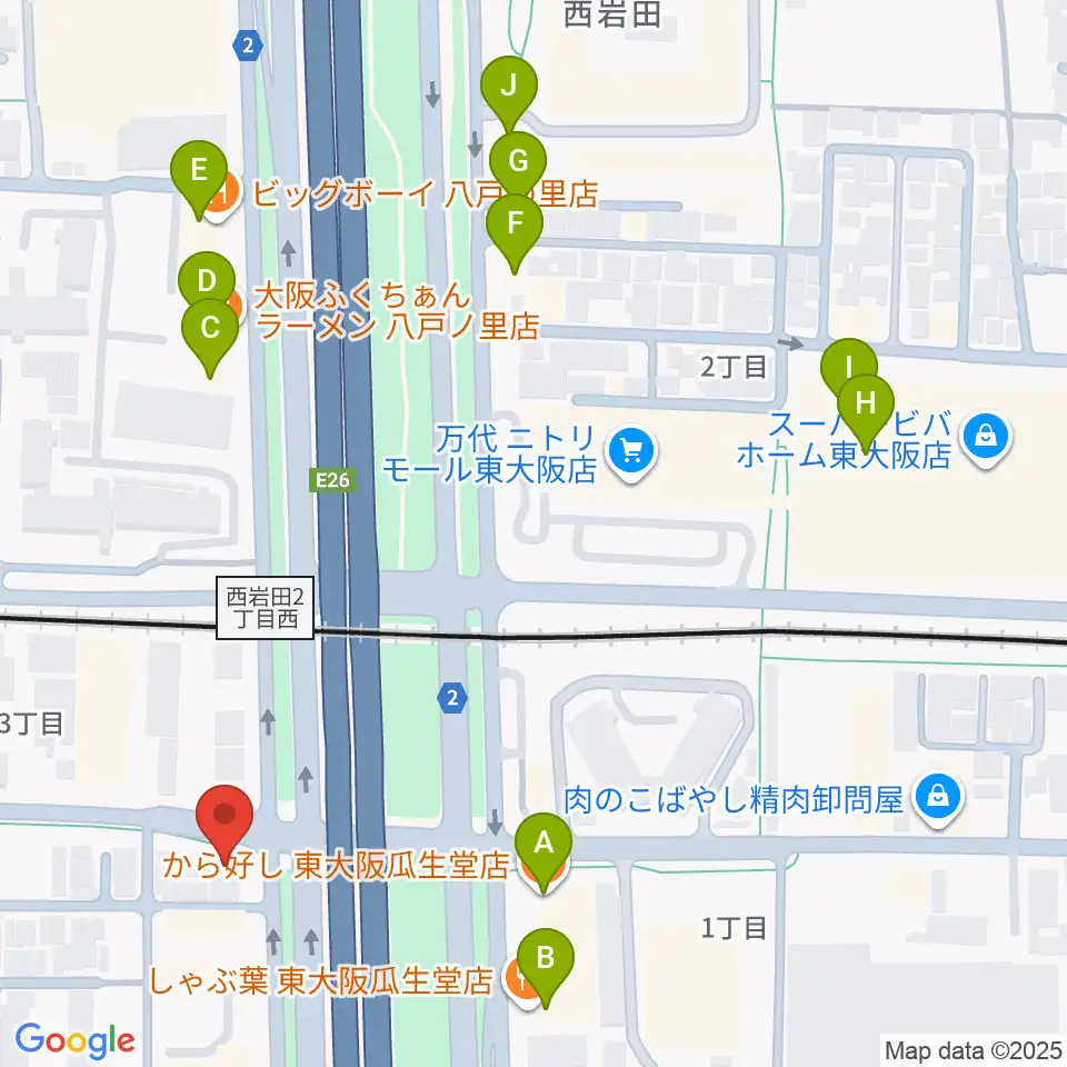 小阪楽器店 八戸ノ里店周辺のファミレス・ファーストフード一覧地図