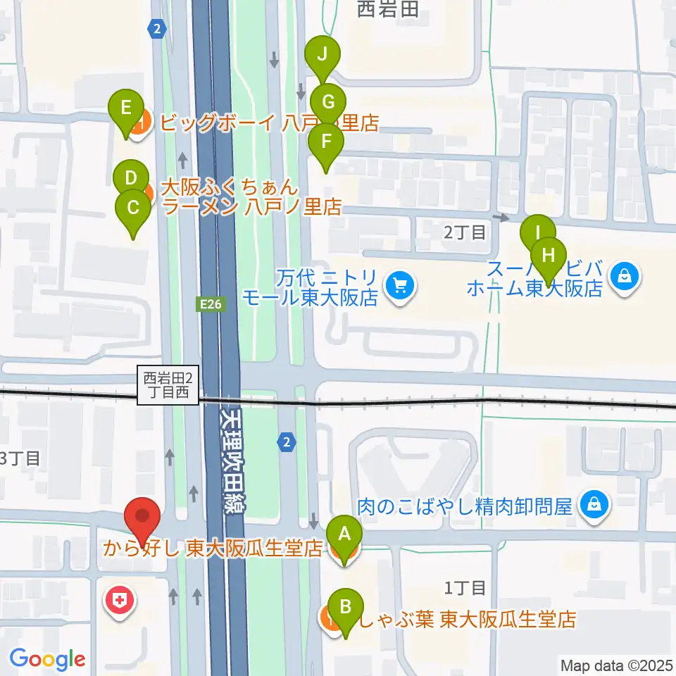 小阪楽器店 八戸ノ里店周辺のファミレス・ファーストフード一覧地図