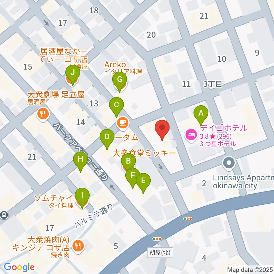 照屋林助三線店周辺のファミレス・ファーストフード一覧地図