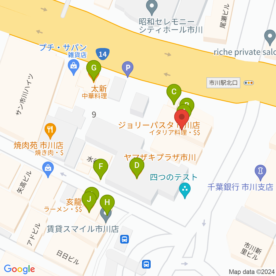 宮地楽器 市川センター周辺のファミレス・ファーストフード一覧地図