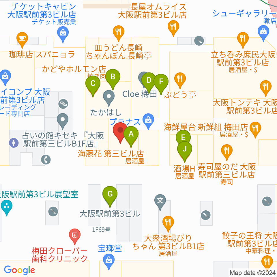 アール・エイチ・ワイ梅田周辺のファミレス・ファーストフード一覧地図