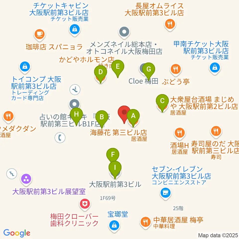 アール・エイチ・ワイ梅田周辺のファミレス・ファーストフード一覧地図
