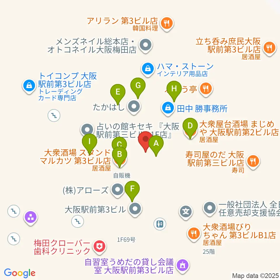 アール・エイチ・ワイ梅田周辺のファミレス・ファーストフード一覧地図