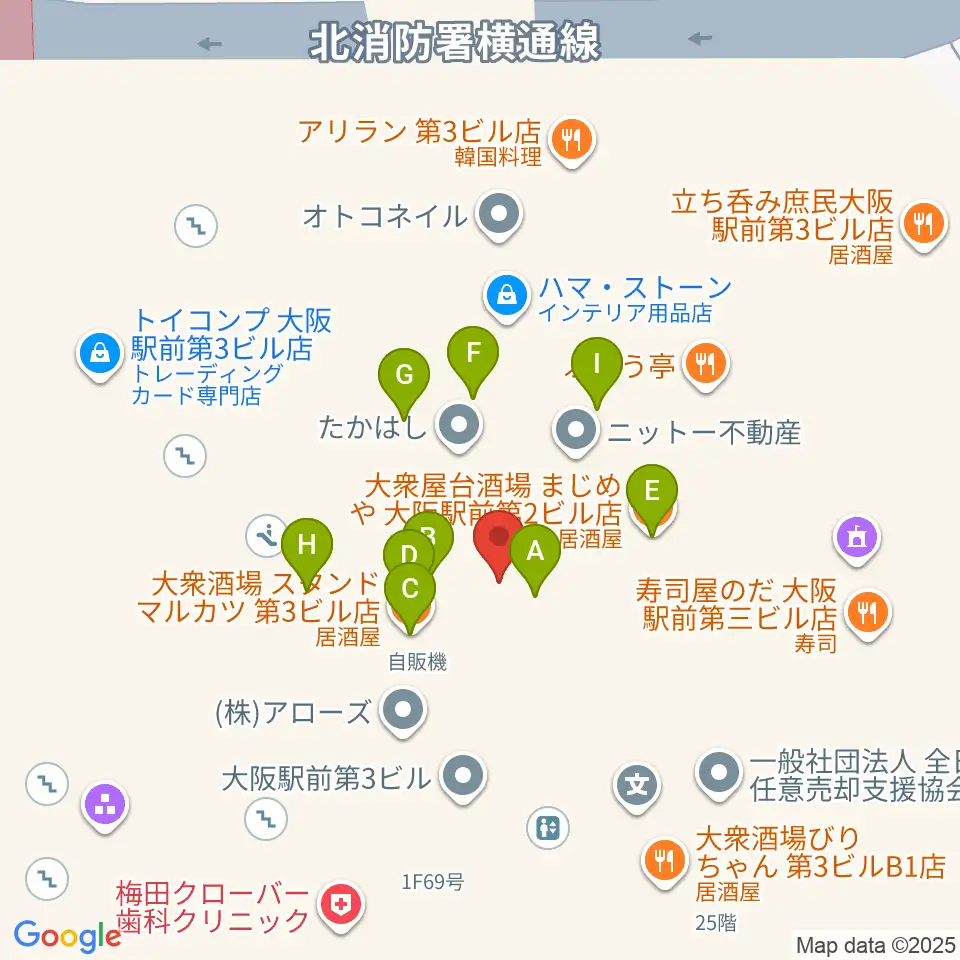 アール・エイチ・ワイ梅田周辺のファミレス・ファーストフード一覧地図