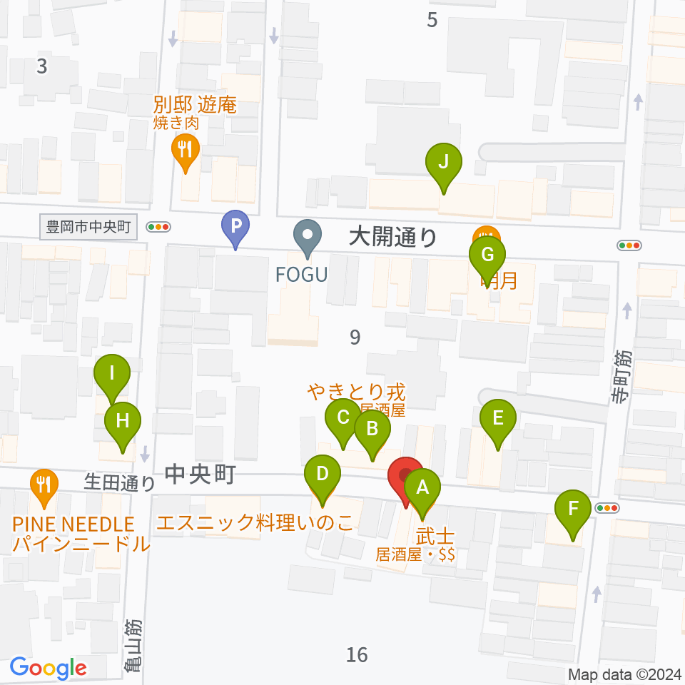 田中音友堂周辺のファミレス・ファーストフード一覧地図
