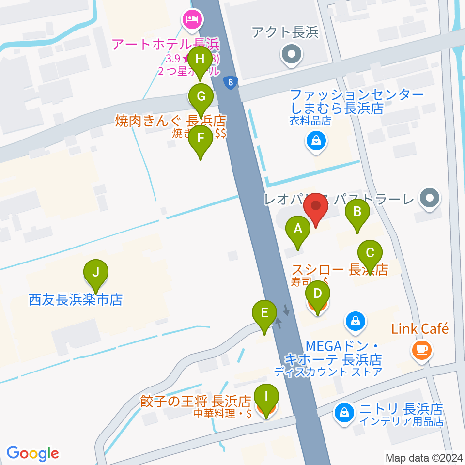 奏音（かのん）長浜教室周辺のファミレス・ファーストフード一覧地図