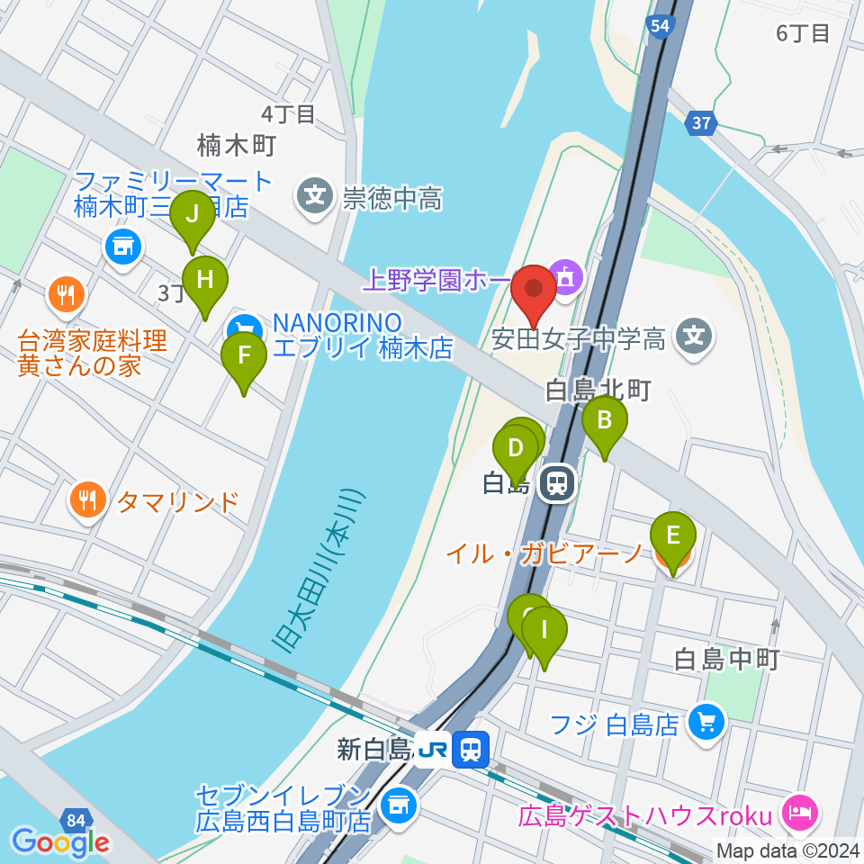 上野学園ホール周辺のファミレス・ファーストフード一覧地図