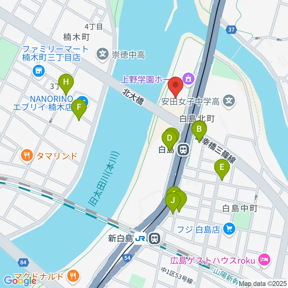 上野学園ホール周辺のファミレス・ファーストフード一覧地図