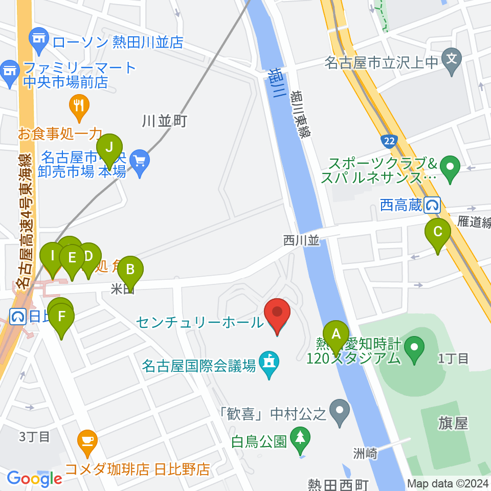 名古屋国際会議場センチュリーホール周辺のファミレス・ファーストフード一覧地図