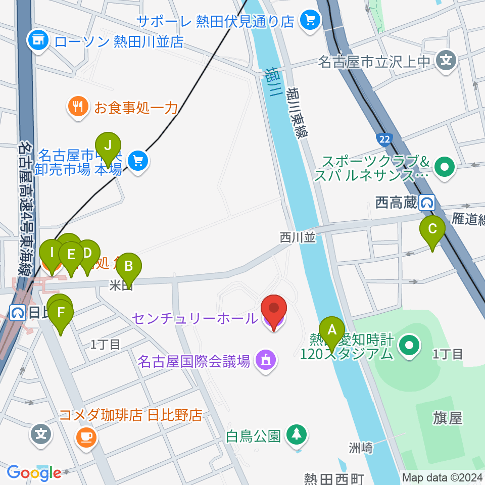 名古屋国際会議場センチュリーホール周辺のファミレス・ファーストフード一覧地図