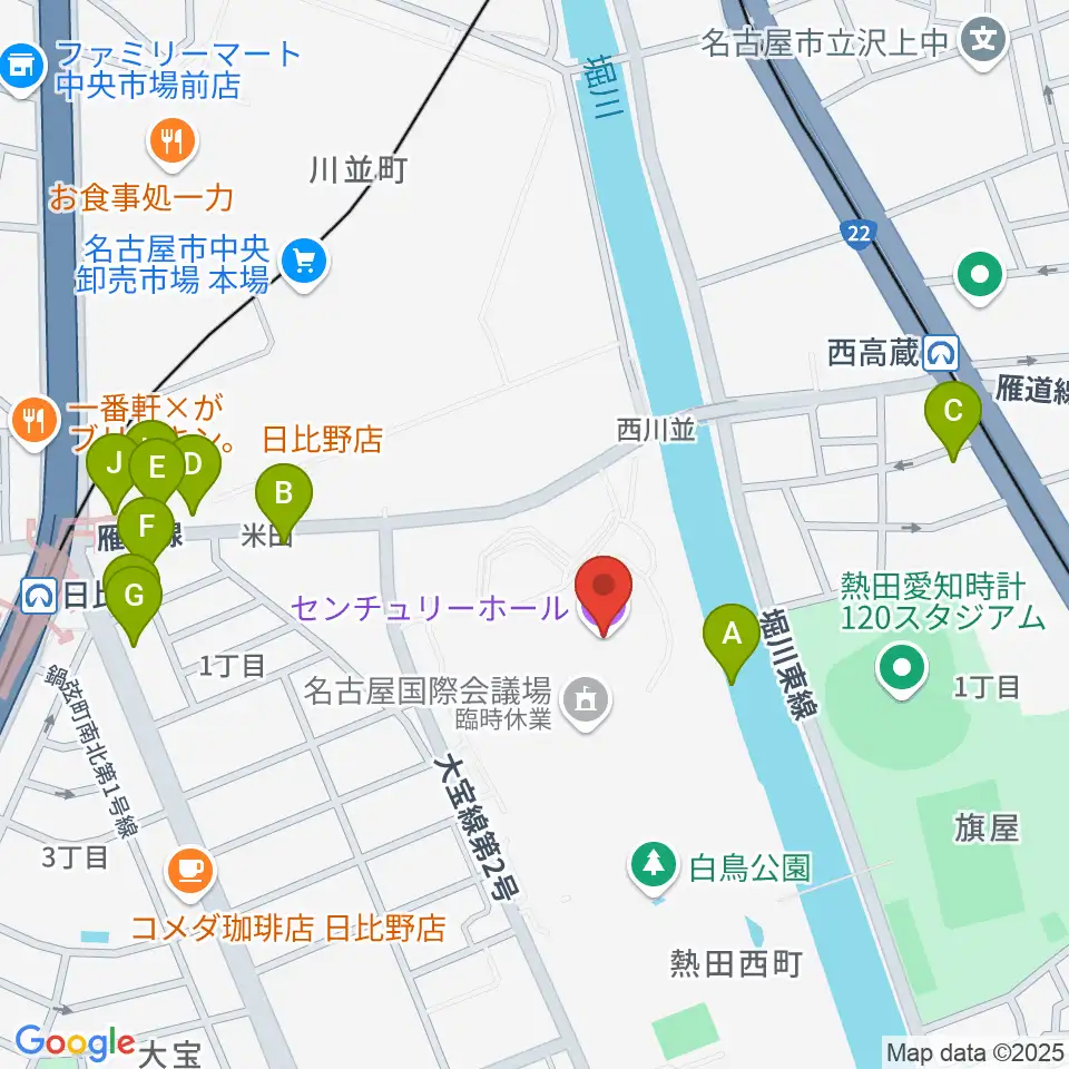 名古屋国際会議場センチュリーホール周辺のファミレス・ファーストフード一覧地図