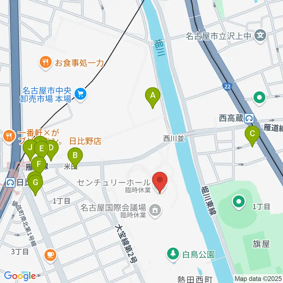 名古屋国際会議場センチュリーホール周辺のファミレス・ファーストフード一覧地図