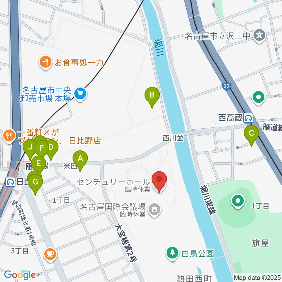 名古屋国際会議場センチュリーホール周辺のファミレス・ファーストフード一覧地図